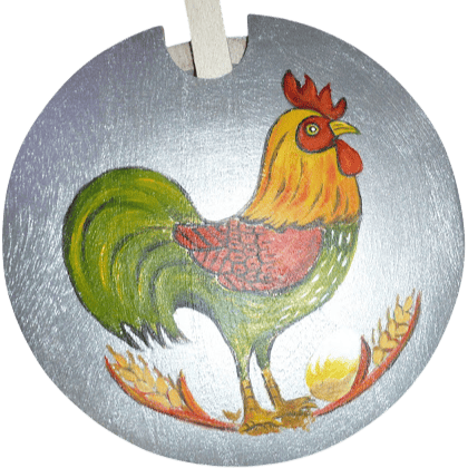 Peinture d'une boite en bois avec un coq.