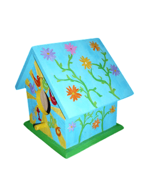 Peinture d'une mangeoire en bois avec fleurs et oiseaux.
