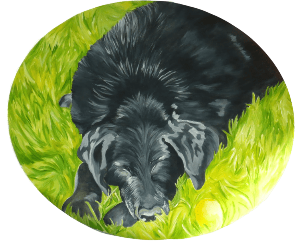 Peinture d'un chien noir dans l'herbe.