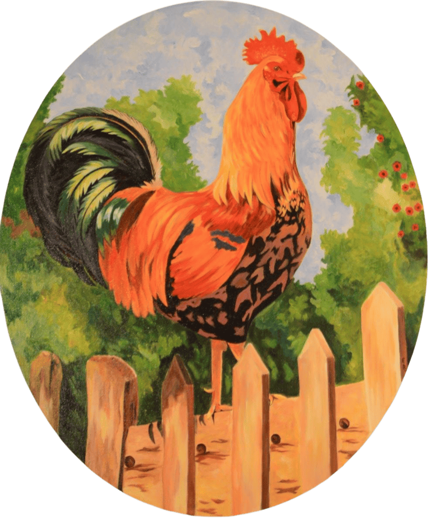 Peinture d'un coq sur une barriere.