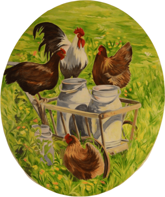 Peinture d'un coq et de poules dans un jardin avec des pot de lait.