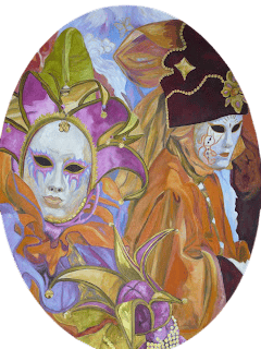 Peinture d'un carnaval avec des masques.