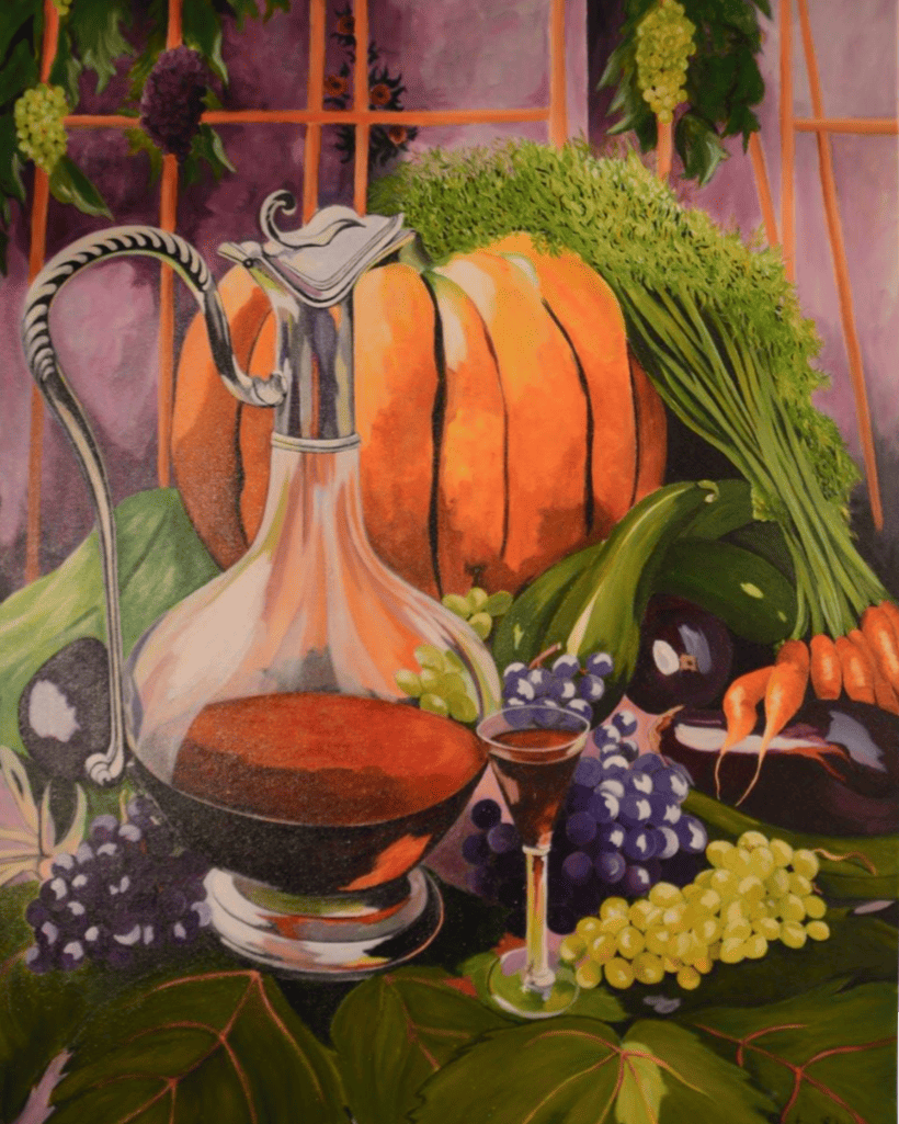Peinture d'une carafe de vin avec citrouilles et raisins.