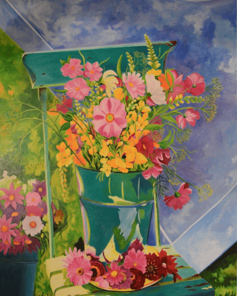 Peinture d'un pot de fleurs champetre.