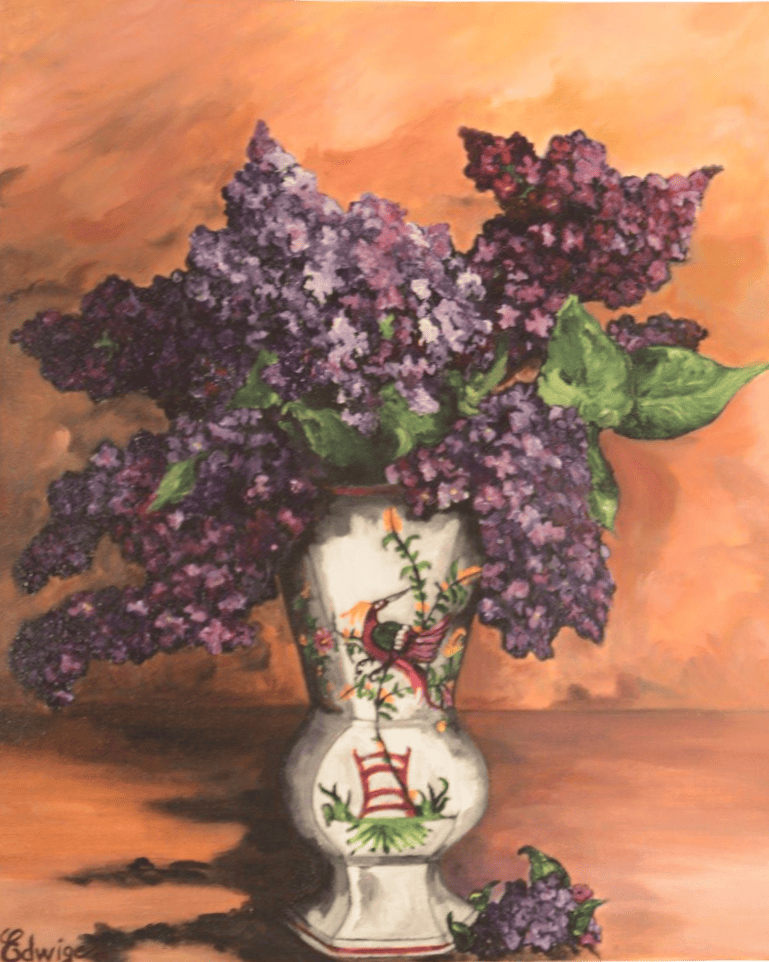 Peinture d'un vase avec un bouquet de lilas.