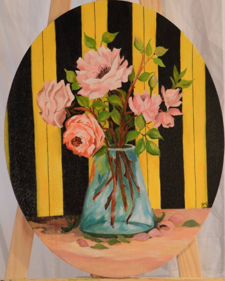 Peinture d'un vase de fleurs.