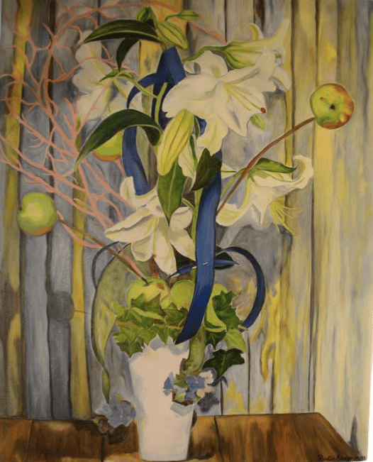 Peinture d'un vase de fleurs.