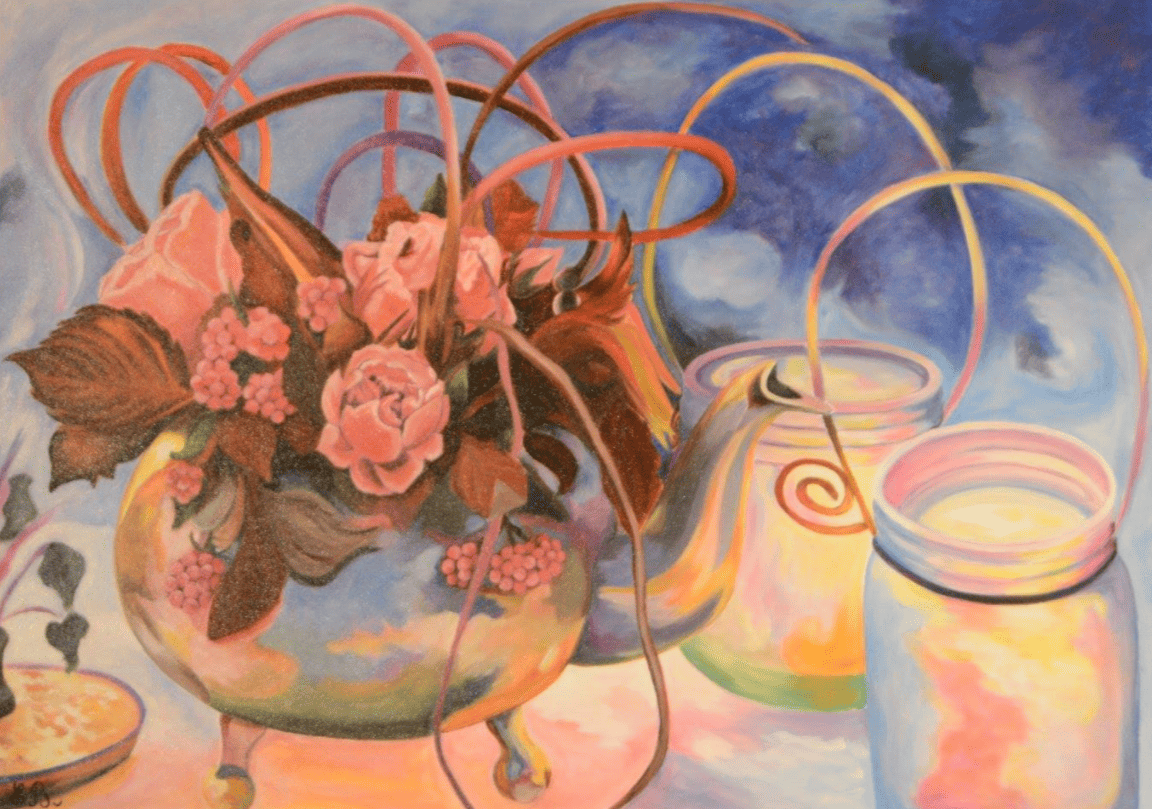 Peinture d'un vase de fleurs et de bougie.