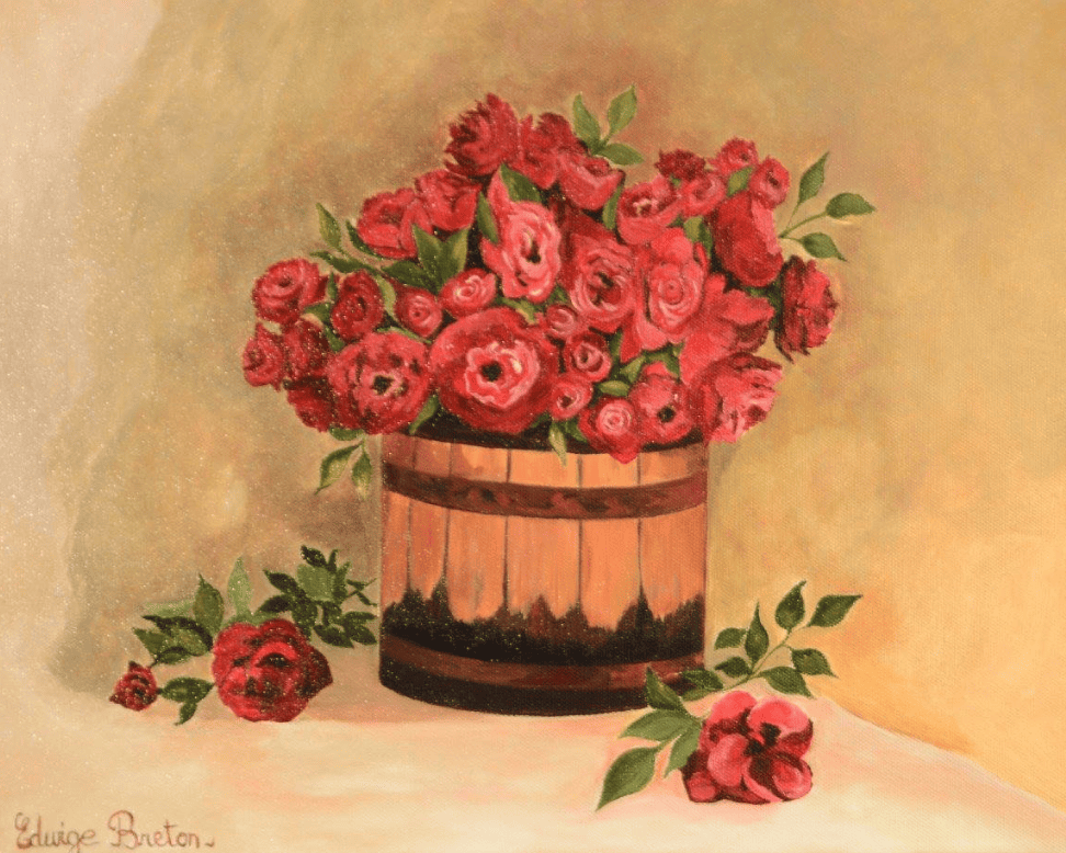 Peinture d'un tonneau avec des fleurs.