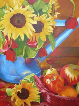 Peinture d'un arrosoir de tournessols et fruits.