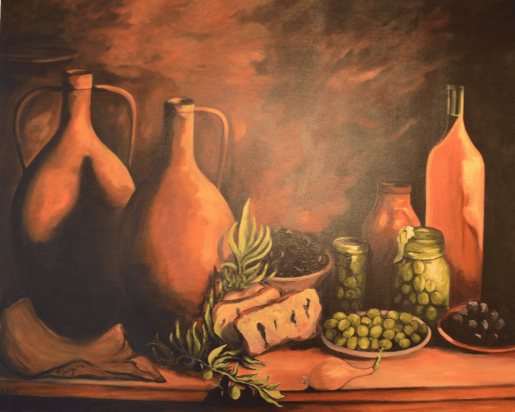 Peinture d'amphores avec des olives.
