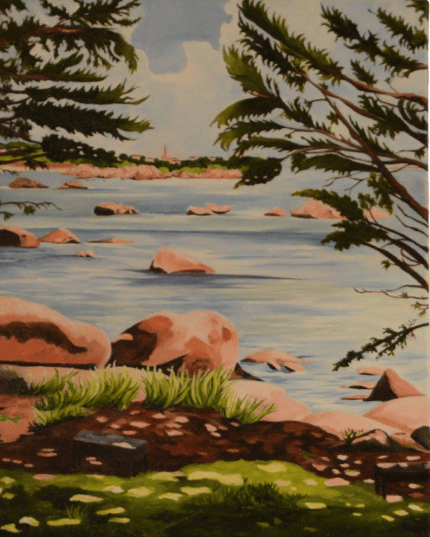 Peinture d'un paysage de mer avec rochers.