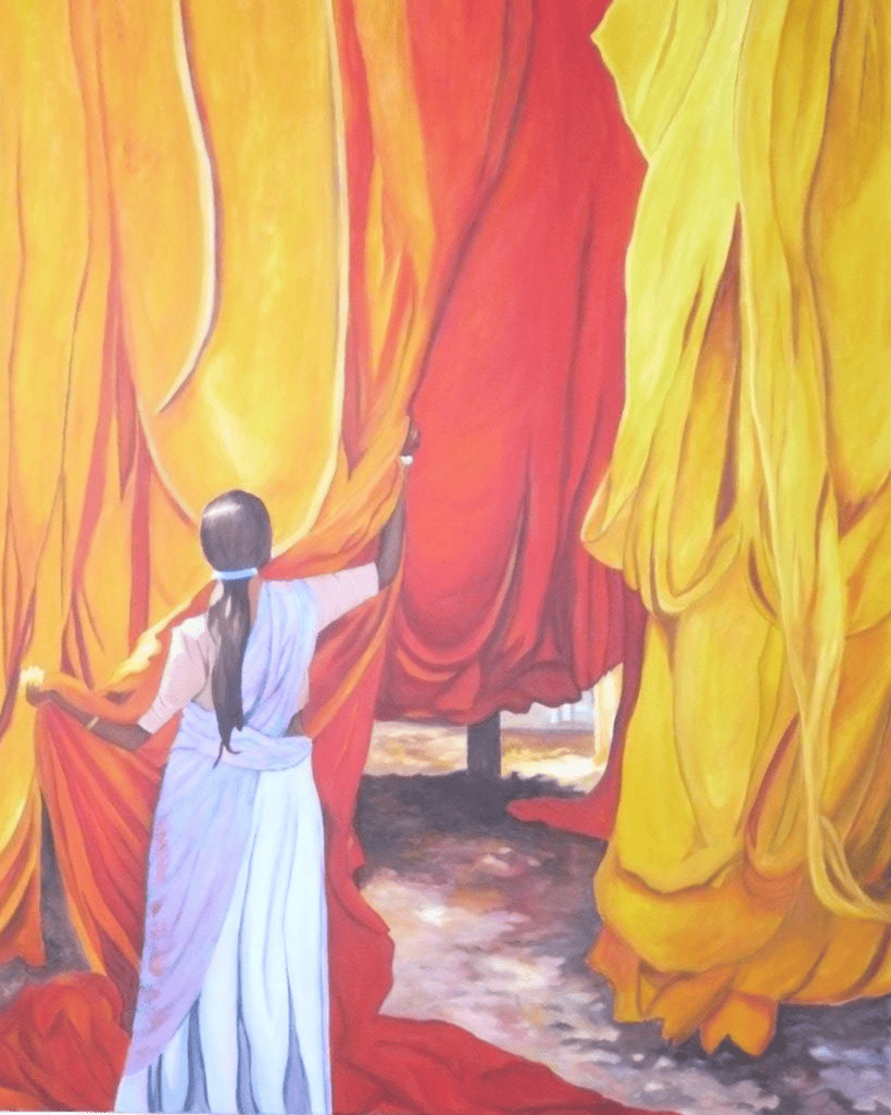 Peinture d'une femme indienne avec des draps.