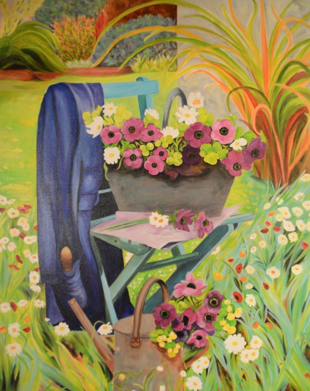 Peinture d'une jardiniere de fleurs posée sur une chaise dans un jardin.