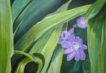 Peinture d'une fleur au milieu de feuilles.