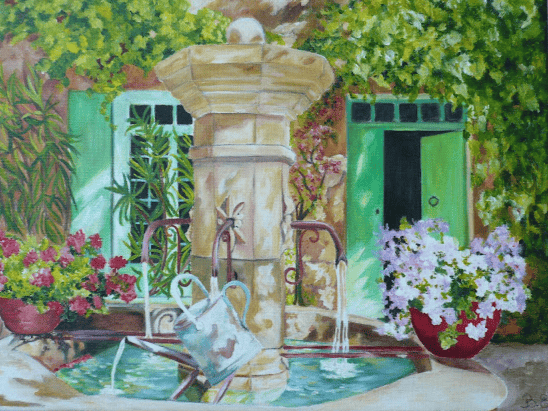 Peinture d'une fontaine avec une maison et des fleurs.