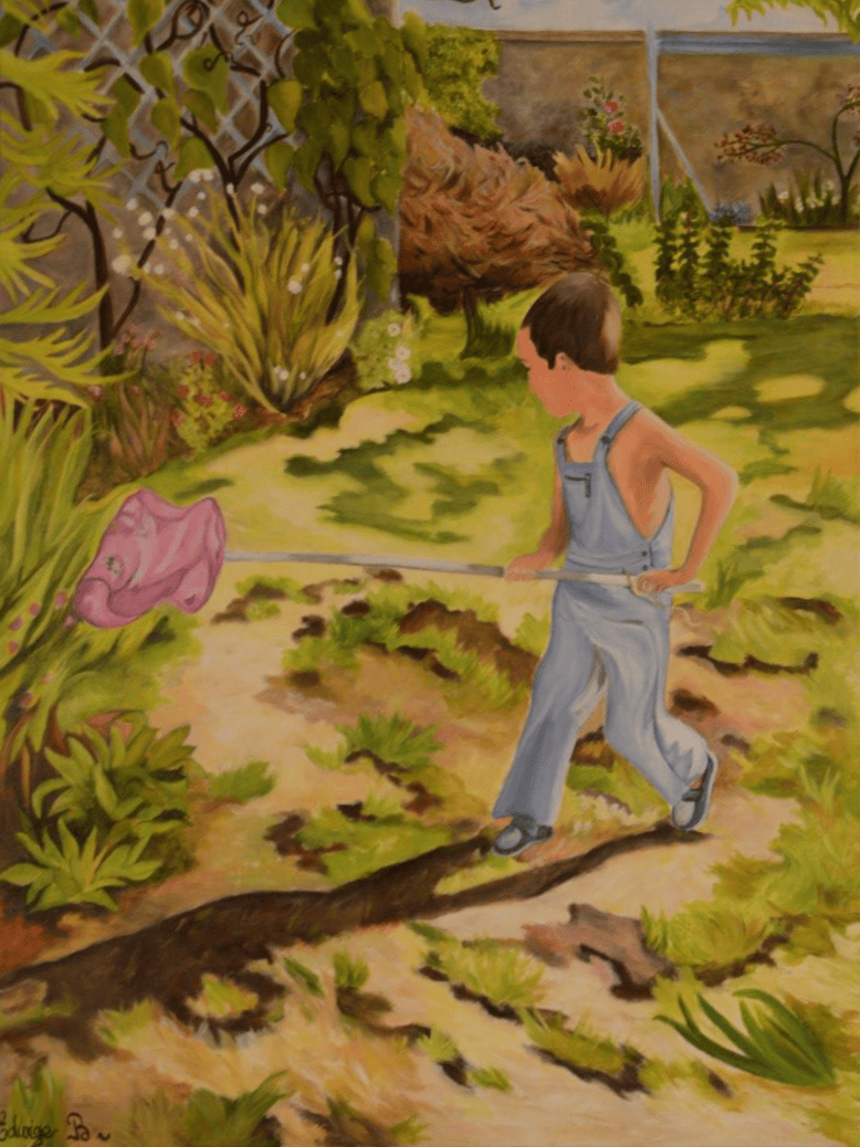 Peinture d'un enfant dans un jardin courant apres des papillons.