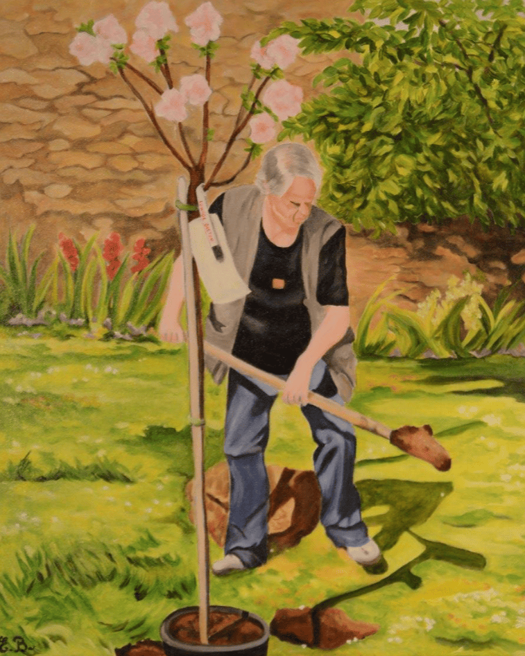 Peinture d'un jardinier en pleine plantation.