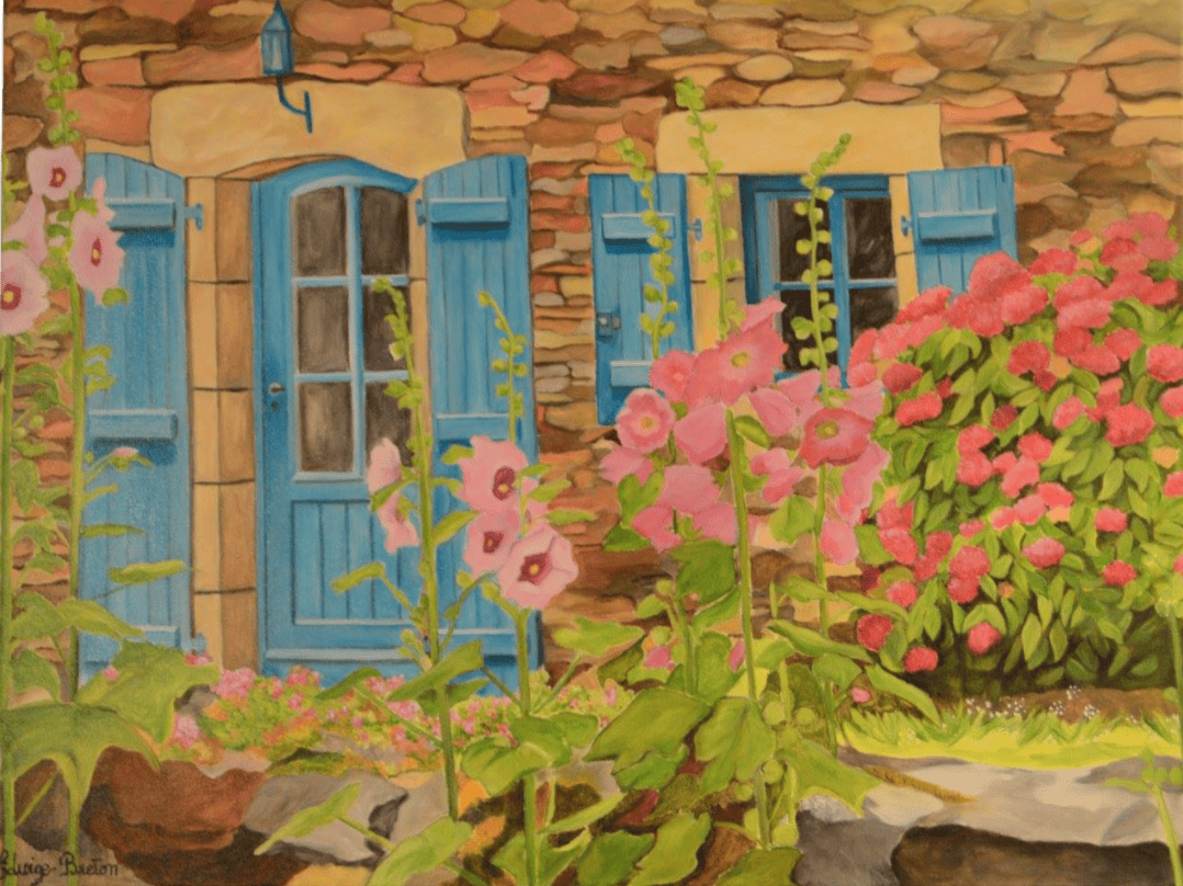 Peinture d'une maison aux volets bleus avec des fleurs.