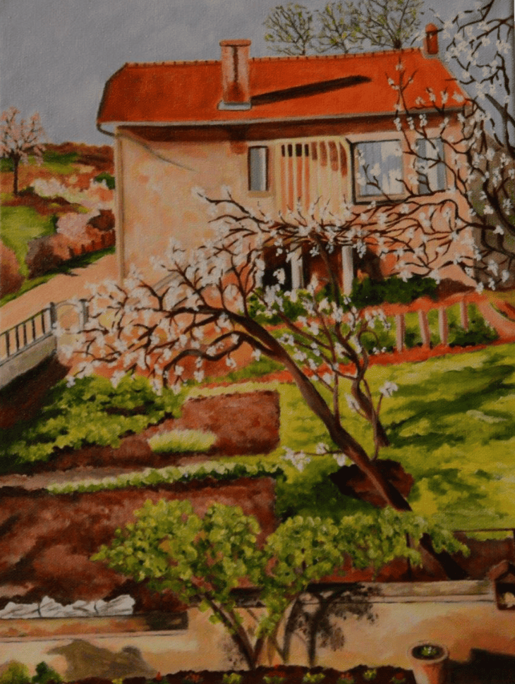 Peinture d'une maison et de son jardin.