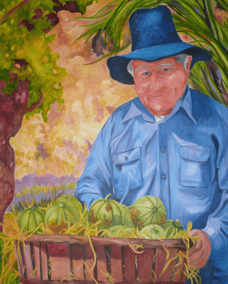 Peinture d'un maraicher avec ses melons.