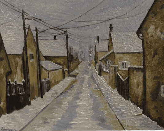 Peinture d'une rue sous la neige.