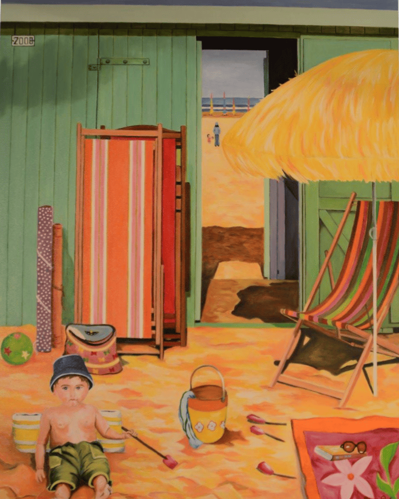 Peinture d'un enfant jouant a la plage.