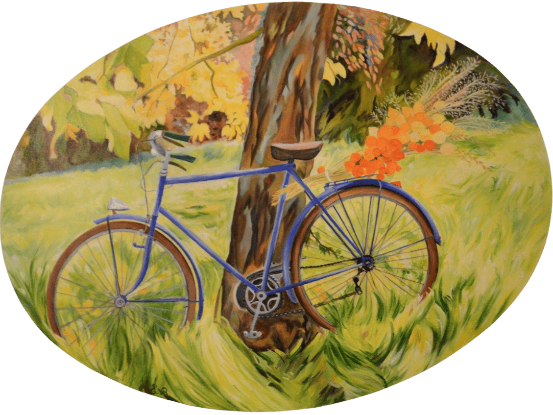 Peinture d'un vélo contre un arbre dans un jardin.