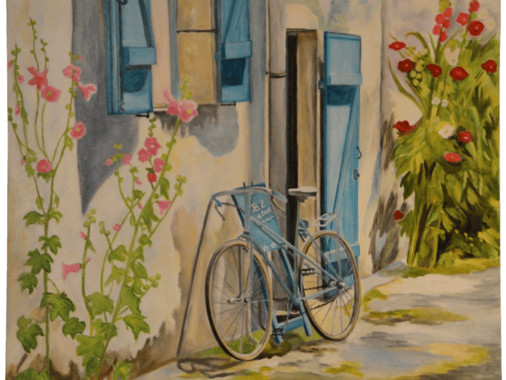 Peinture d'un vélo le long d'un mur d'une maison avec des fleurs.